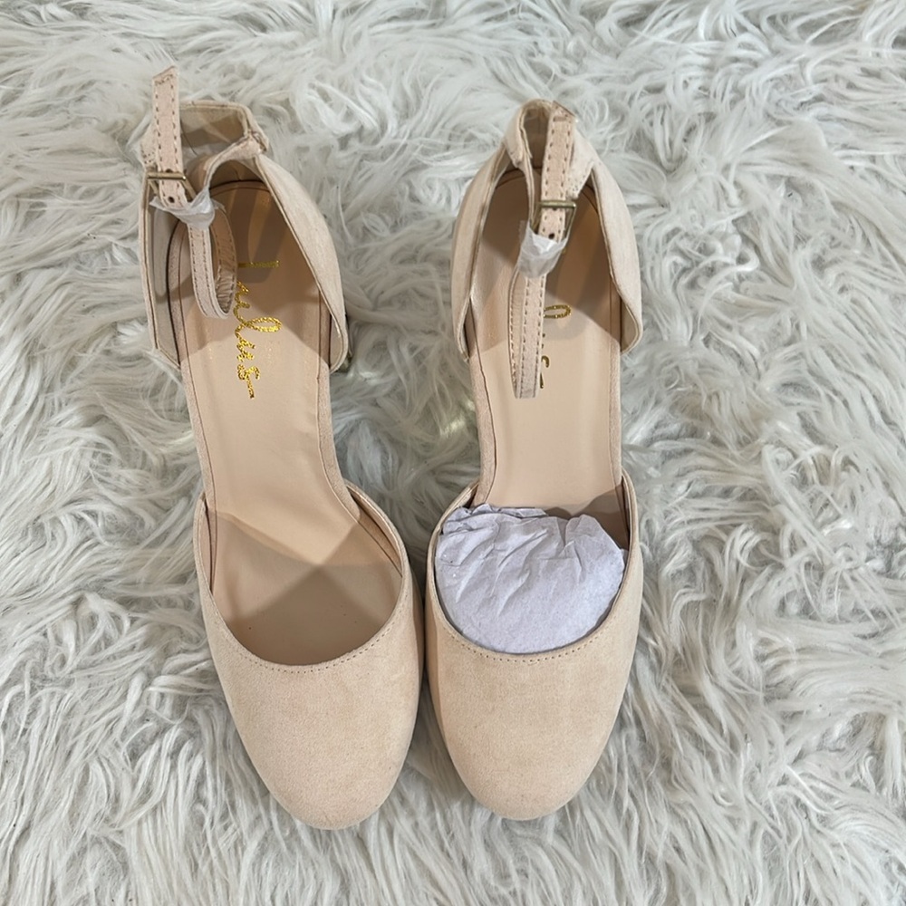 LULUS Laura Light Nude Suede Ankle Strap Chunky Heels Size 10 NEW - Picture 5 of 16